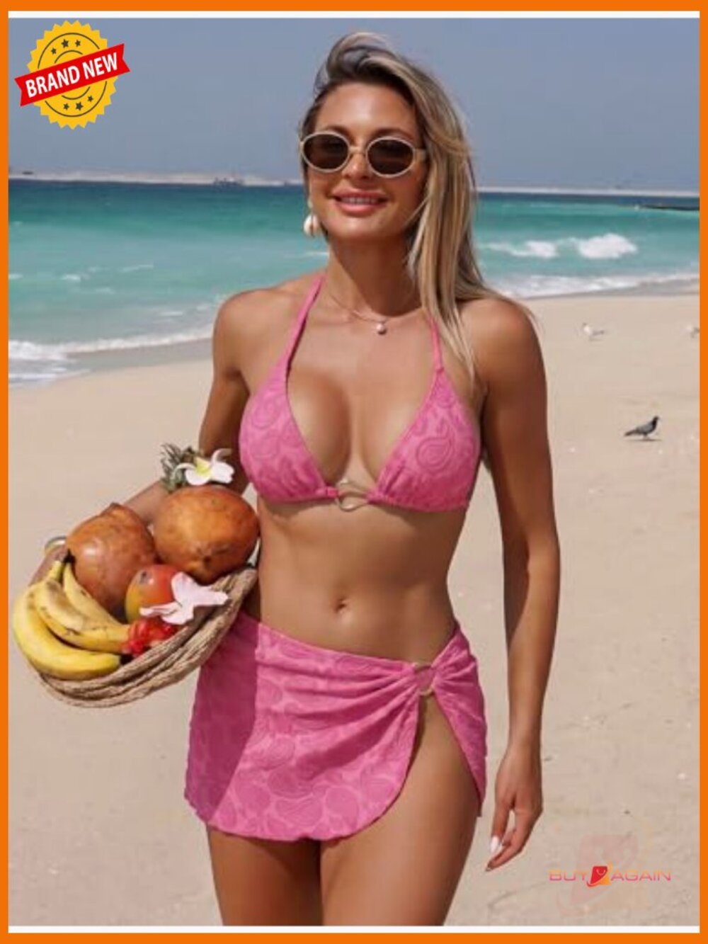 3 Piece Bikini Set with Cover Up Skirt Halter Tie Side - Picture 5 of 7